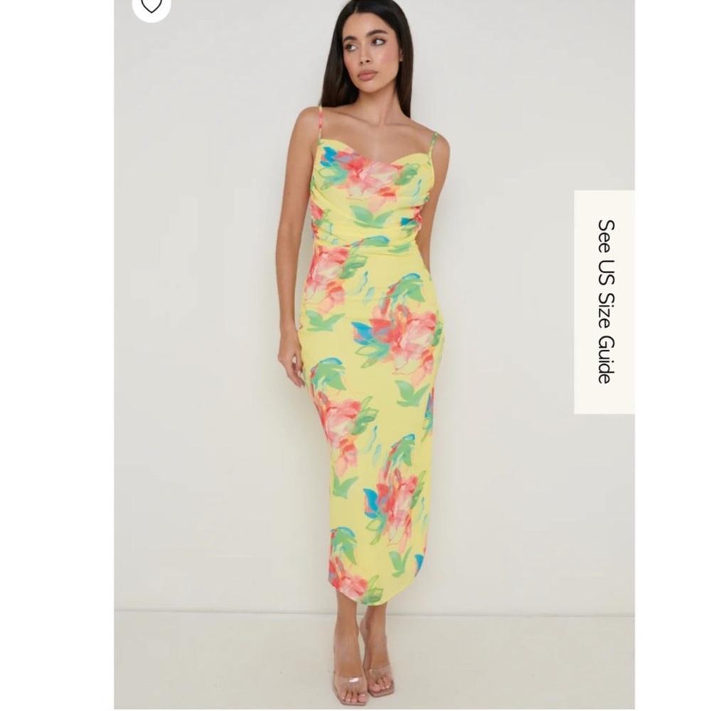 Pretty Lavish Yellow Floral Midaxi Dress | Ruched Bust Side Slit | Size US 6